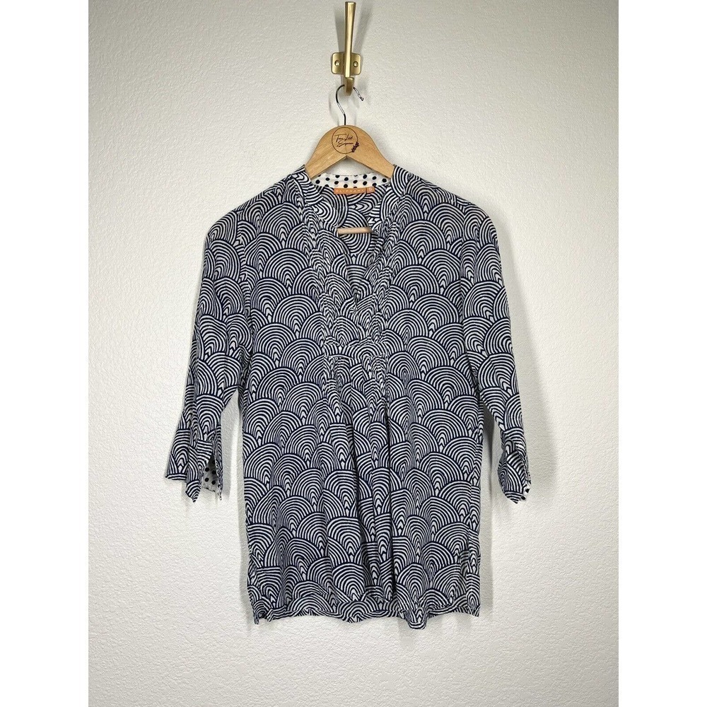 Oliphant Small S Printed Cotton Top Navy White Pleated Pintuck Tuckernuck